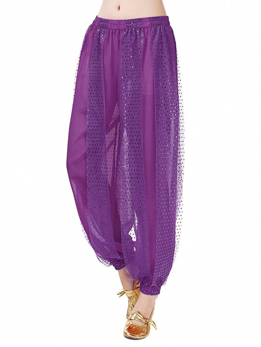 Women's Adult Dance Costume Sequin Loose Pants, Belly Dance Shiny Chiffon Harem Pants, Stage Performance Dance Practice Trousers - Multicolor - View 1