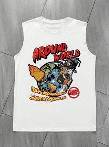Lonblece Plus Size Men's Summer Sleeveless Tank Top, Brand Earth Printed Sport Tank Top