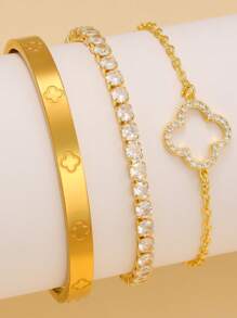 Elegant Shiny Stainless Steel Four Leaf Clover Zirconia Inlaid Bracelet Set, Suitable For Daily Wear And As Gift For Friends - Yellow Gold - View 19