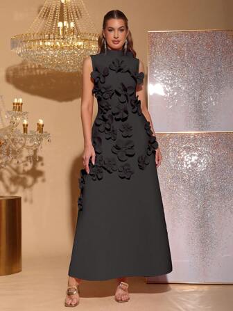 Modphy 全新优雅 3D 花卉装饰修身高领无袖蝴蝶结装饰连衣裙，适合女士正式情人节、婚礼、活动、派对礼服、婚礼宾客礼服、晚礼服