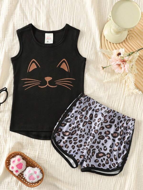 2 peças/Conjunto de Pijamas Justos Sem Mangas para Meninas, Regata com Estampa Fofa de Gato e Leopardo e Shorts, Conjunto de Roupa Casual e Confortável para o Verão