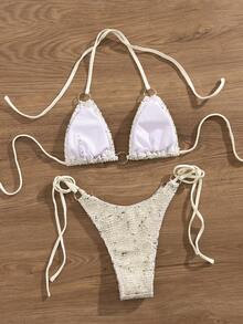 PEPPERMOLLY 全新柔软面料带金属环系带性感优雅派对比基尼套装，夏季时尚女士沙滩泳衣