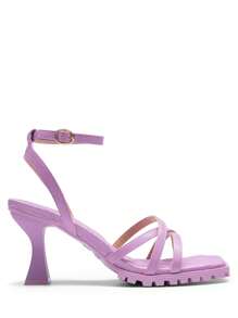 Women Fashion Low Kitten Heels Open Square Toe Ankle Strap Heeled   Sandals For Summer Daily Wearing Prom Party Wedding - 淡紫色 - 查看 2