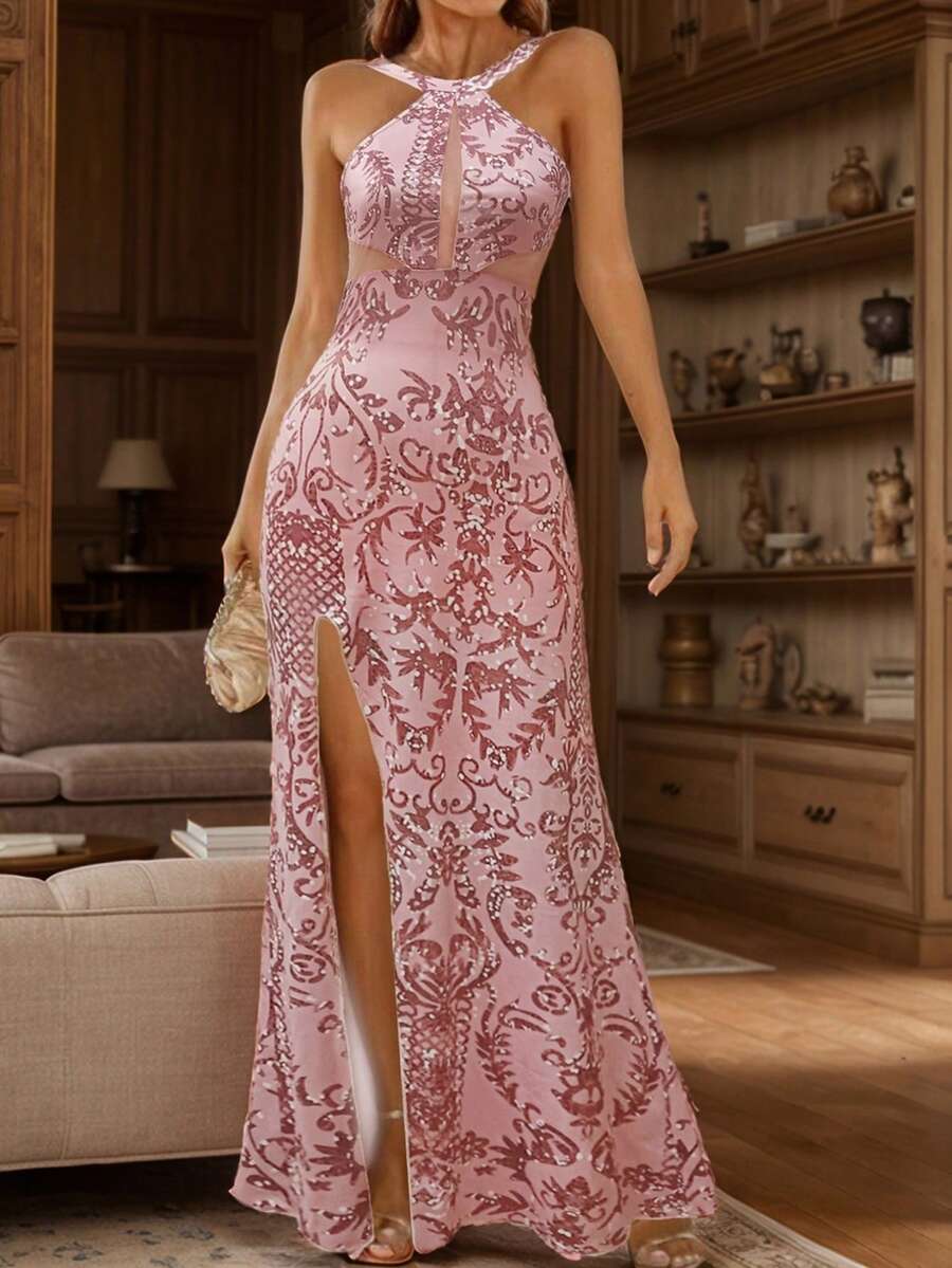 Vestido de fiesta con abertura alta, inserto de malla y estampado para mujer, para eventos formales, vestido de boda, novia