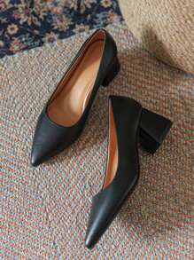 Novos Saltos Rasos Femininos, Sapatos de Couro com Salto Grosso e Bico Estilo Coreano, Sapatos Simples para Senhora de Escritório