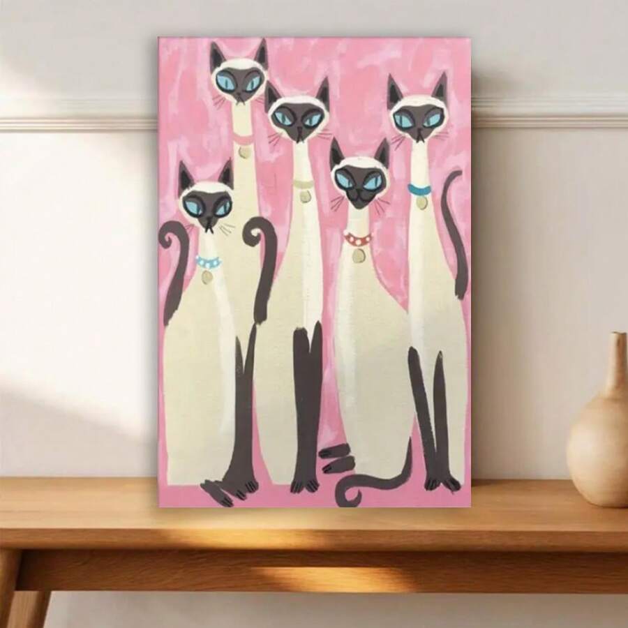 Framed Room Decor 1pc Vibrant Siamese Cat Canvas Poster, Textile Wall Art, Vintage-Inspired Print For Bedroom, Office, Cafe, Home Decor, Gift, Halloween, Christmas, New Year