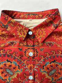 Plus Size Women's Clothing With Geometric Floral Print Pattern Shirt - Red - View 3