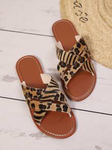 New Plus Size Women Brown Leopard & Zebra Crossover Flat Sandals, Fashion Casual Versatile Beach Shoes Suitable For Parties