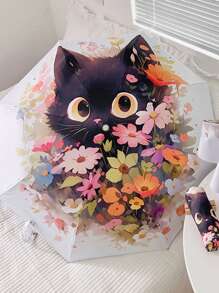 1pc Floral Cat Cartoon Pattern Foldable Umbrella, Sun-Proof & Rainproof Dual Use Automatic Open Close Portable Umbrella, Suitable For Students & Women Summer Cooling, Beach, Travel