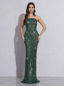 Modphy Women Sexy Luxurious Sparkling Rhinestone Sequin Mesh Fitted Tube Dress, Formal Gown For Wedding, Banquet, Party, Holiday, Wedding Guest Dress, Evening Dress