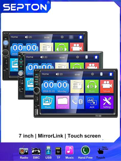  1 件 SEPTON 7 英寸高清 2 Din 汽车收音机立体声自动收音机触摸屏汽车播放器支持 Mirror-Link/BT/FM 后视摄像头汽车电影汽车 DVR 系统 7010B/7012B/7018B 可选择配件或不选择