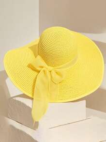 1pc Solid Color Yellow Bow Straw Sun Hat, Spring/Summer Fashion Wide Brim Straw Cap For Outdoor Travel Beach Sun Protection - Yellow - View 7