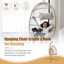 Cozy Hanging Egg Chair With Stand Indoor Outdoor, Wicker Patio Basket Swing Chair With Cushion And Golden Legs, 350lbs Durable Sturdy Egg Hammock Chairs For Deck Balcony Backyard Porch, Golden/Beige