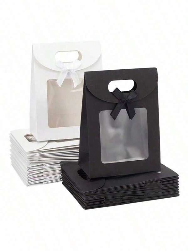 12 Packs Elegant Black And White Gift Bags With Clear Window, Paper Party Favor Bags With Handles And Bow Ties For Wedding, Bridal Shower, Birthday, Bachelorette - Versatile For Christmas, Halloween, New Year, Valentine's Day