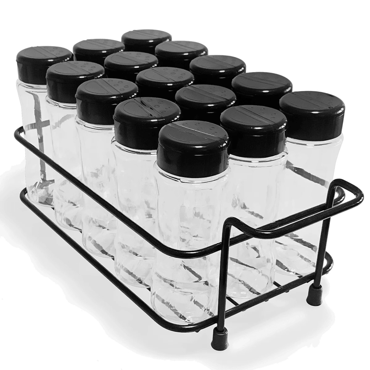 Porta Temperos e Condimentos com 15 Potes Plástico 130ml Tampa Dosadora Dupla Cesto Ferro  com Alça para Organizar Cozinha Bancada Casa Dispensa Armário - Preto - Visão 7