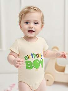 Baby Boys Rompers Birthday Clothes Letter Embroidery Summer Short Sleeve Bodysuits Jumpsuits - Beige - View 1