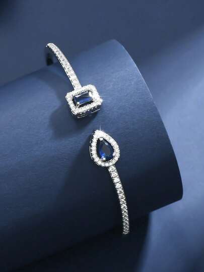 1pc Open Bangle, Fashionable Minimalist Water-Drop Square Design, Copper With Micro-Inlaid Zirconia, Suitable For Daily Wear, Valentine's Gift