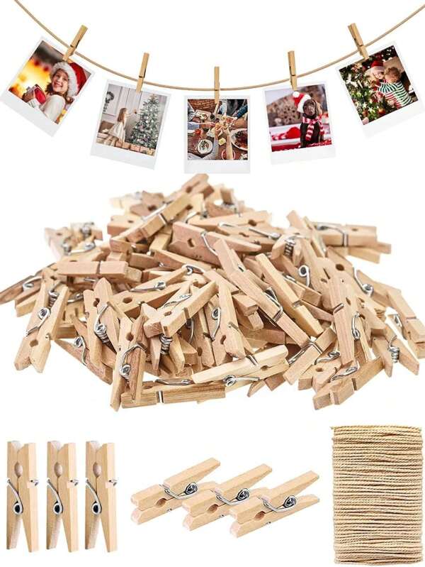 30Pcs Sturdy Mini Clothes Pins For Photo, Natural Wooden Clothespins With 33 FT Jute Twine, Small Clips For Crafts Display, Babyshower Game, Hanging Decorative Pictures, Cocktail, Weddings Room Decor