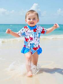 Baby Girl Rash Guard Swimsuits Short Sleeve Round Neck Ruffle Bathing Suit Toddler Swimwear - Blue - View 4