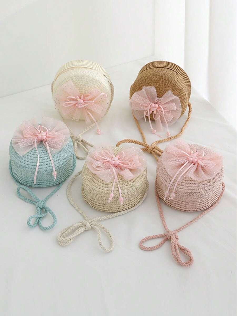 1pc Girls Cute Princess Style Straw Bow-Knot Tote Bag, Pink, Suitable For Princess Outings, Beach And Daily Use - Bow - View 1