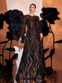 Vestido largo de noche con escote redondo, manga larga y decoración de lentejuelas negras, vestido formal y de fiesta para invitado de boda