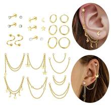 26 Pcs 20G Cartilage Earrings Set For Women Men Stainless Steel Helix Earrings Cute CZ Star Small Hypoallergenic Flat Back Stud Earrings Hoop Chain Dangle Conch Daith Helix Tragus Cartilage Piercing Jewelry - Chain Earrings Set - View 6