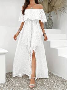 White Layered Off-Shoulder Dress With Lining, High Slit, Elegant Woven Fabric, Suitable For Weddings, Summer Clothes, Vacation Outfits, White Graduation Dress - White - View 8
