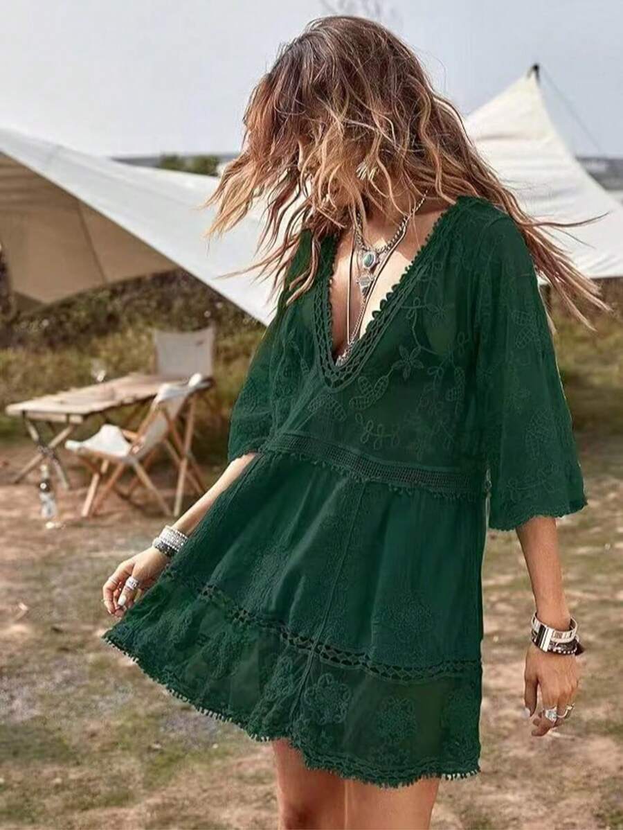 Sexy Lace Beach Skirt By The Sea - 墨綠色 - 查看 1