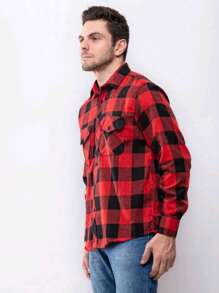 Men's Long Sleeve Plaid Flannel Shirt - 紅色 - 查看 3