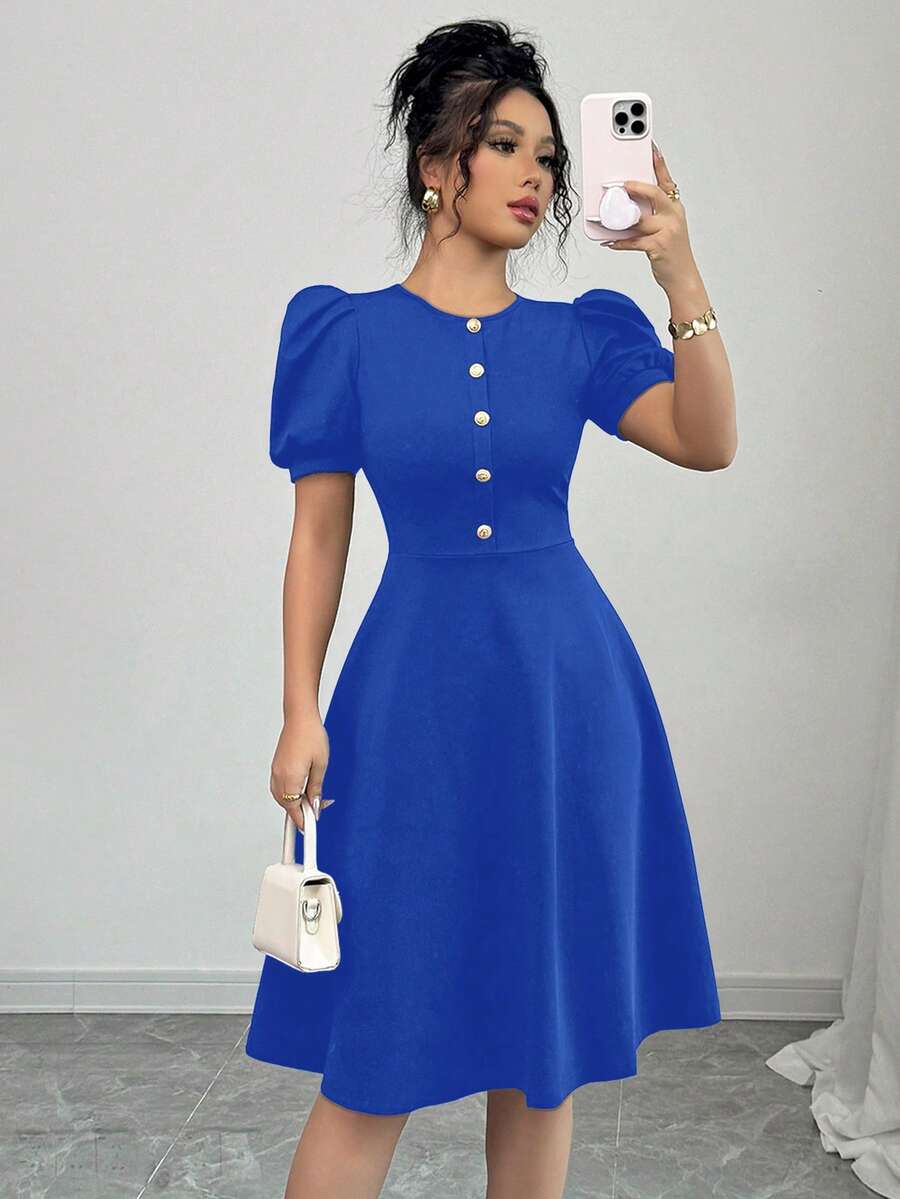 Casual Women Button Decor Lantern Short Sleeve Solid Color Dress Summer Elegant - Royal Blue - View 1