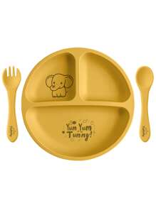 PopLittleOne 3件装婴儿硅胶餐具套装宝宝卡通图案餐具软勺叉吸盘喂食训练婴儿食物储存