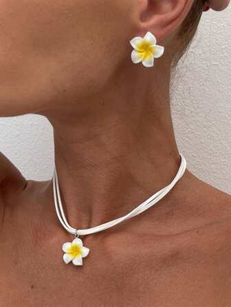 欧美跨境极简主义茄子花吊坠项链甜美彩色花朵耳钉首饰套装女士