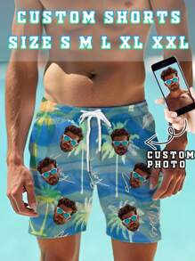 Men Custom Coconut Tree Printed Hawaiian Beach Vacation Shorts Add Your Photo /Lover/Family Personalized Beach Shorts Stylish Comfortable For Any Summer Adventure Male Fashion Outfit Funny Birthday Gift