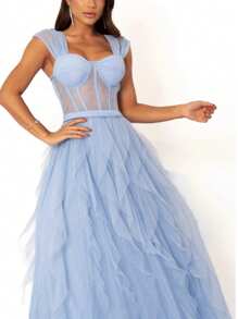 Dress For Weddings And Events With Corset And Flared Skirt. - 淺藍色 - 查看 2