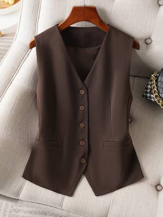 Women's Solid Color Vest, V-Neck Jacket, Slimming Fit, Spring/Autumn, Fashionable For Commute, Seamless Design, Apparel