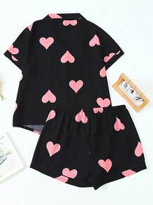 Bộ đồ ngủ nữ cỡ lớn, đế đen in hình trái tim màu hồng, nhún bèo, cài nút phía trước - màu đen - Xem 2