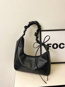 1pc Retro Solid Color Elegant Draped Asymmetric Shoulder Bag, Suitable For Women Daily Use & Gift - Black - View 3