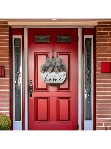 木制圆形标志悬挂欢迎标志，农舍门廊春季欢迎标志，用于前门装饰，前门装饰，欢迎来到我们家，前门花环，乔迁礼物