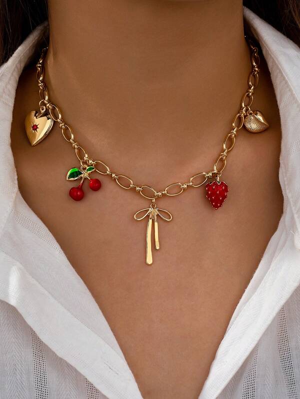 1 Pieza Collar con colgante de corazón, lazo y cereza, para mujer, collares de verano, joyería bohemia