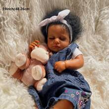 19 Inch Realistic Vinyl Handmade Reborn Doll (Unisex), Cloth Body Lifelike Doll, Handmade Rooted Hair, Closed Eyes Doll, Companion Collectible Doll, Birthday Christmas Gift, Includes Clothes, Plush Doll (Randomly Included Bottle, Pacifier, Diaper) - As Shown - View 2