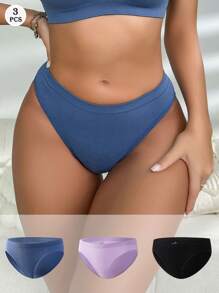 paquete de 3 bragas sin costuras de color liso con corte en V para mujeres