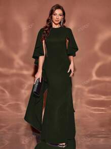Vestido largo de unicolor con cuello redondo, mangas con volantes, ajustado y hasta el suelo, elegante, vestido formal, de fiesta, vestido de noche, para invitados de boda