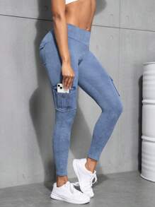 Women's Outdoor Cargo Leggings, Cargo Pockets Lift Butt Tight Pants, Sports Workout Compression Tights - Baby Blue - View 5