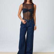 Women's Sheer Mesh Tank Tops Sleeveless Mock Round Neck Solid Color See Through Slim Fit Ruched Halter Vest - Black - View 4