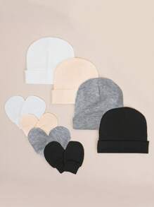 4pcs/Set Newborn Baby Solid Color Beanie Hat + Anti-Scratch Mittens Set, Suitable For Daily Wear - Nhiều màu - Xem 4