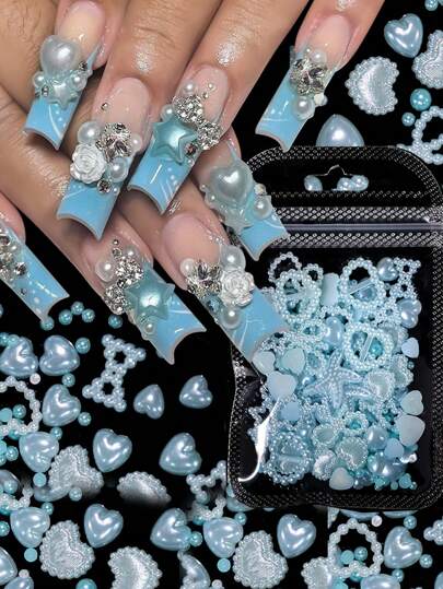 1 Pack Y2K 3D Blue Pearls Nail Charms Decorations Multi Shapes Flower Star Bowknot Heart Pearls Flatback Acrylic Cute Pearls 3D Nail Art Charms For Diy Nail Decorations Nail Supplies Nails Nail Gems