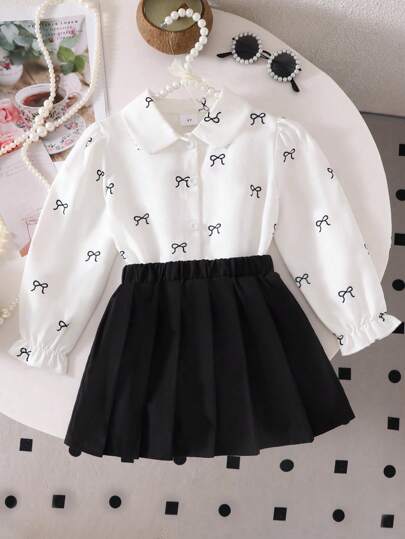 2件套年轻女孩蝴蝶结印花休闲衬衫和百褶裙，可爱优雅的街头服饰