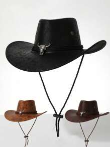 女士、男士、情侣装，西部牛仔帽，PU 皮革面料，做旧工艺，金属公牛装饰，适合主题活动、节日舞会、生日派对、角色扮演、户外活动、日常使用