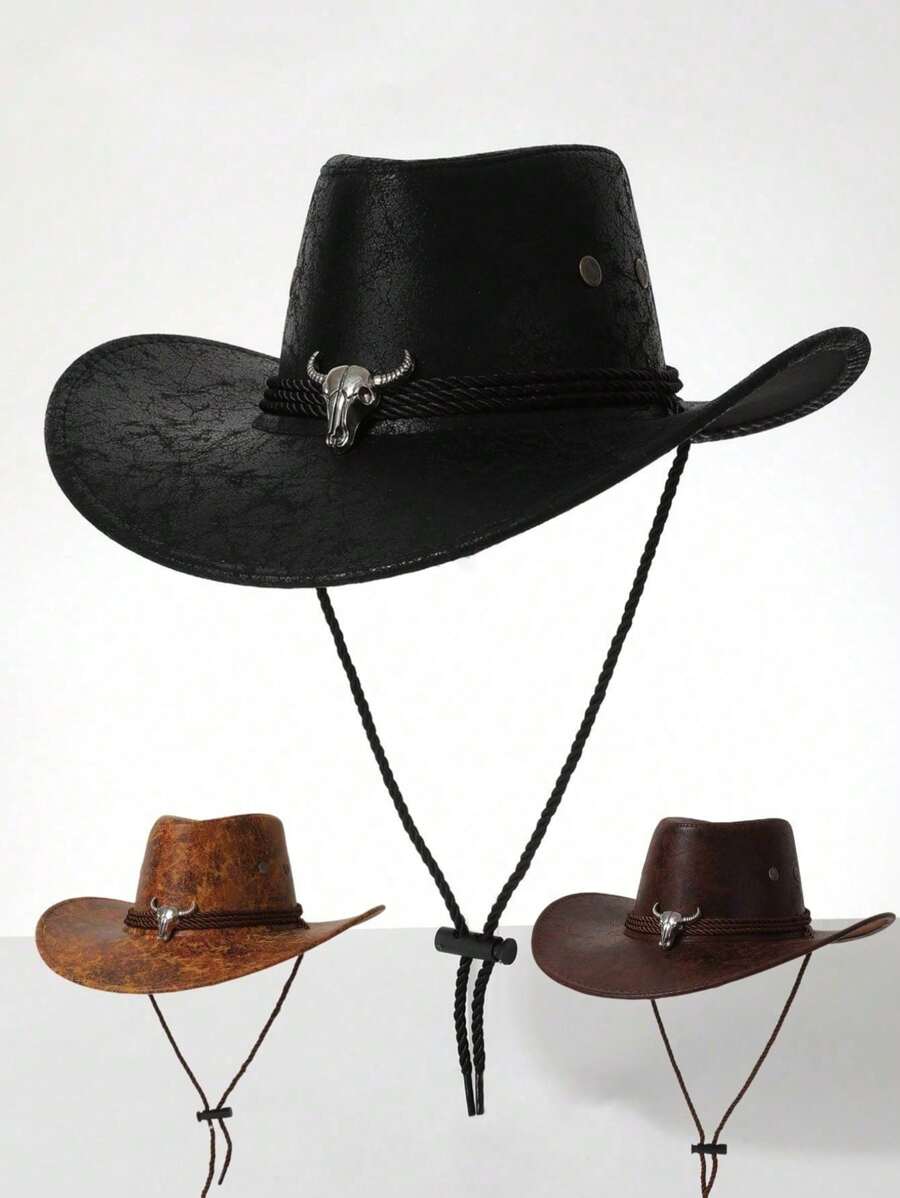 女士、男士、情侣装，西部牛仔帽，PU 皮革面料，做旧工艺，金属公牛装饰，适合主题活动、节日舞会、生日派对、角色扮演、户外活动、日常使用
