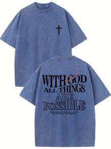 "WITH GOD ALL THINGS ARE POSSIBLE" Cross Graphic Printed Street Style! Men's Casual Wear 230g Washed Cotton Round Neck Short Sleeve! Comfortable & Breathable Basic Printed Tee For Summer! High - Quality Spiritual Design